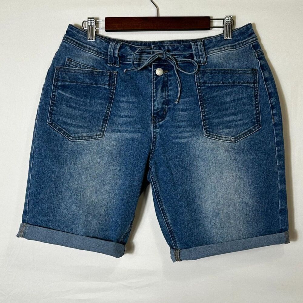Flamingals Mid-Rise Denim Stretch Bermuda Shorts Size L Cuffed Roll Hem